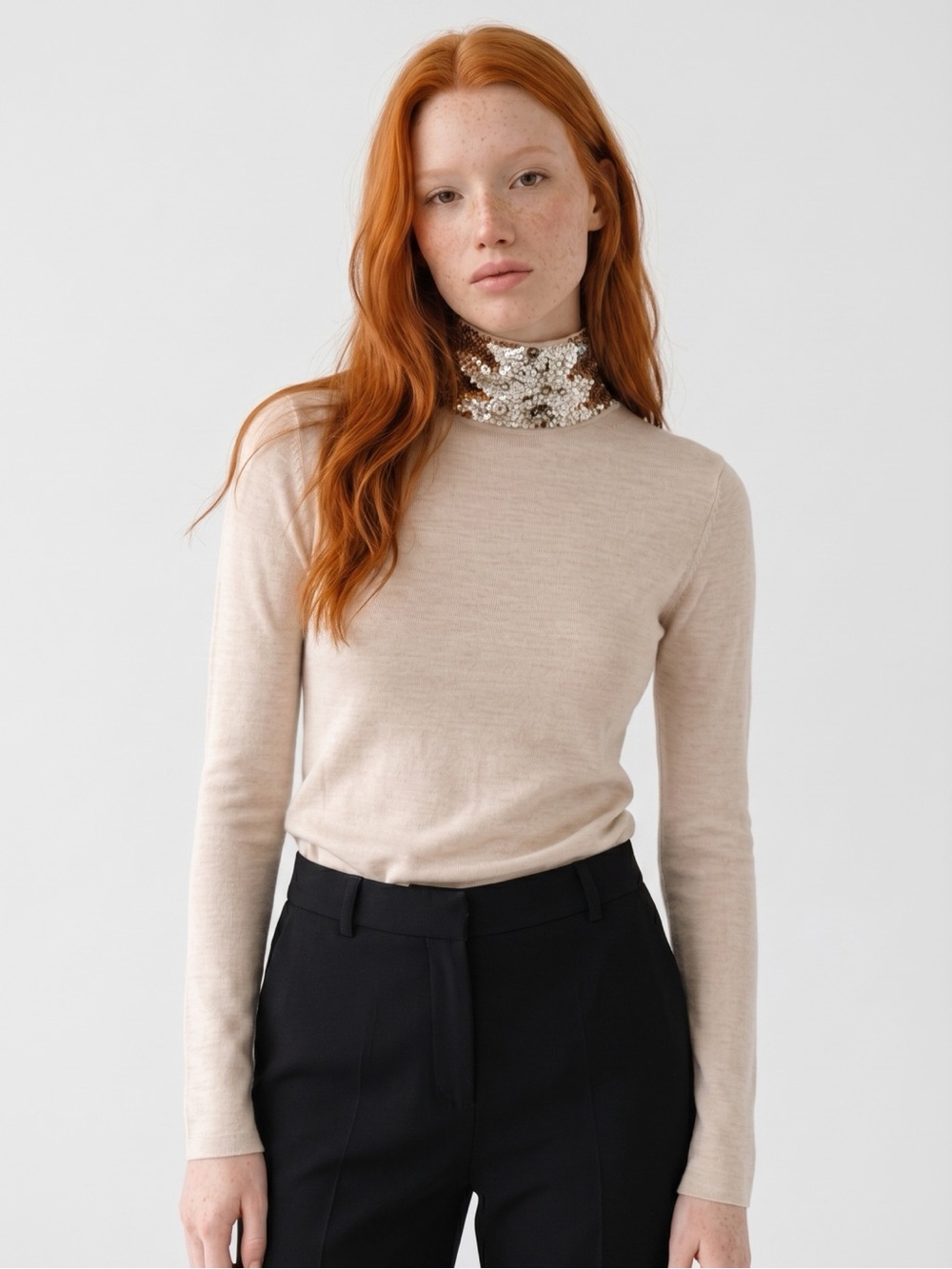 Christian Dior Cream and Silver Sequin Lightweight Turtleneck Top
